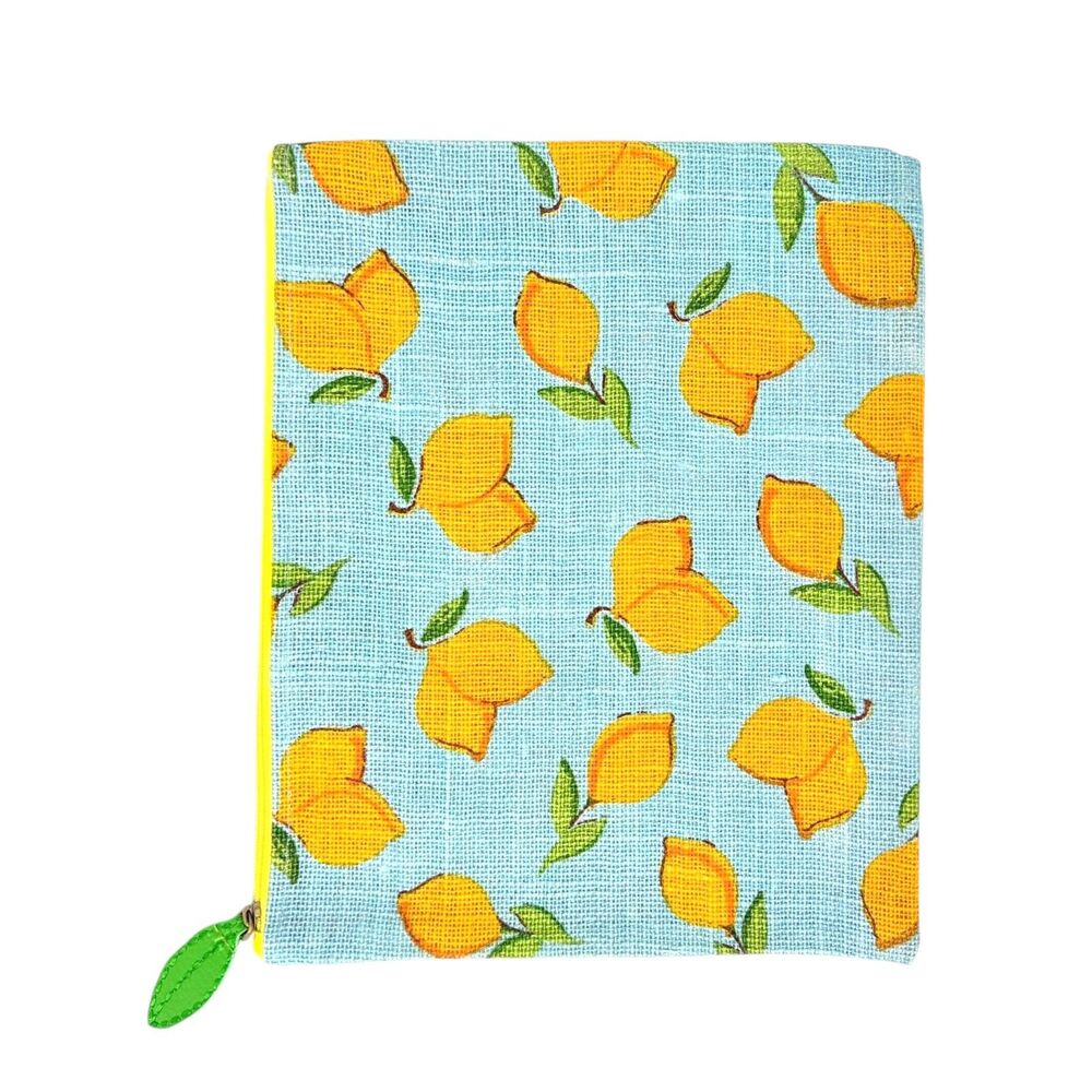 NWOT Lemon Print Zipper Pouch Blue Yellow Burlap 12x9 Summer Travel Makeup Bag